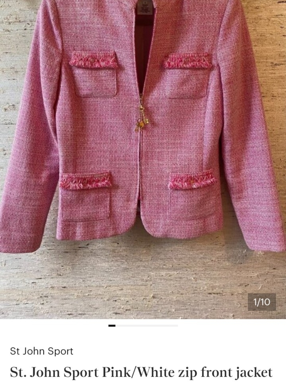 St. John Pink White Tweed Signature Key Lock Zip Jacket Gold Charm S/P - Picture 7 of 8